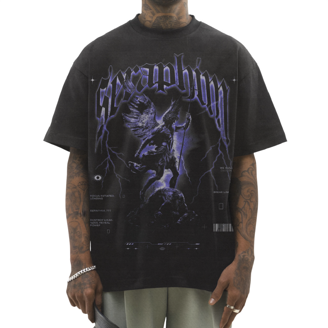 Seraphim gymwear black graphic tee bold faith inspired graphic design edgy t shirt in purple