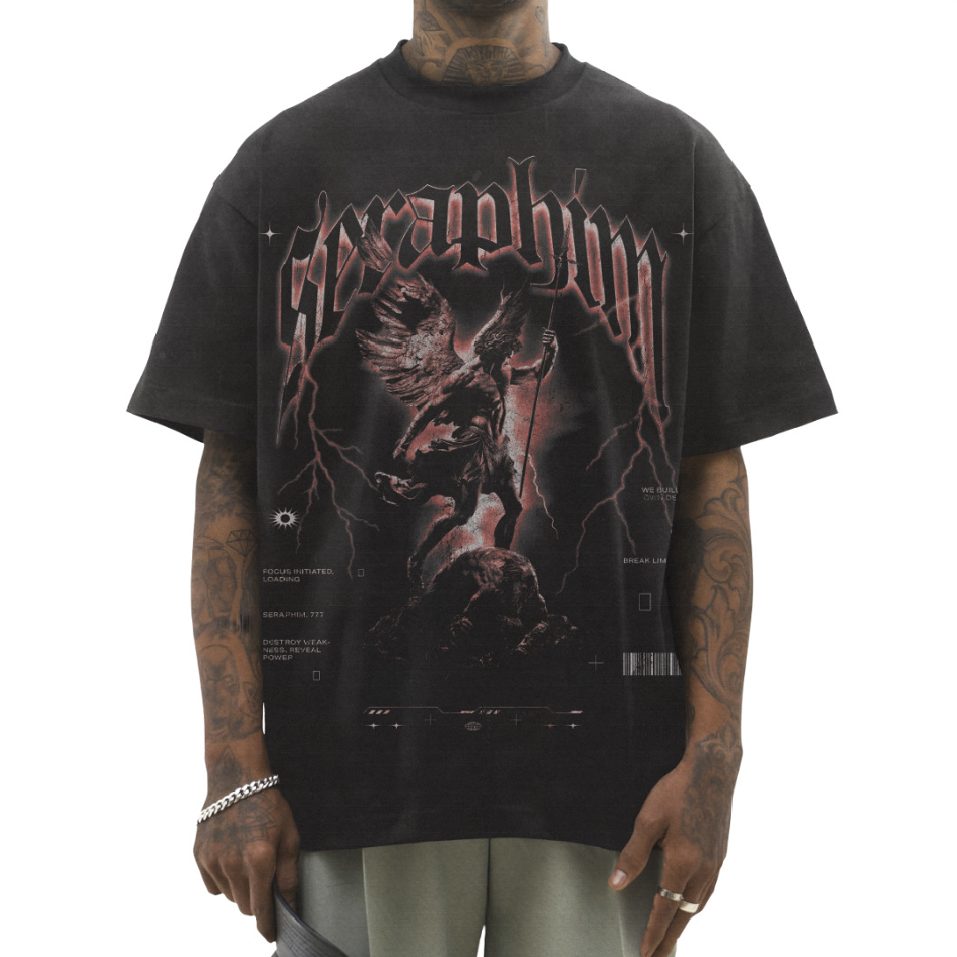 Seraphim gymwear black graphic tee bold faith inspired graphic design edgy t shirt in deep red