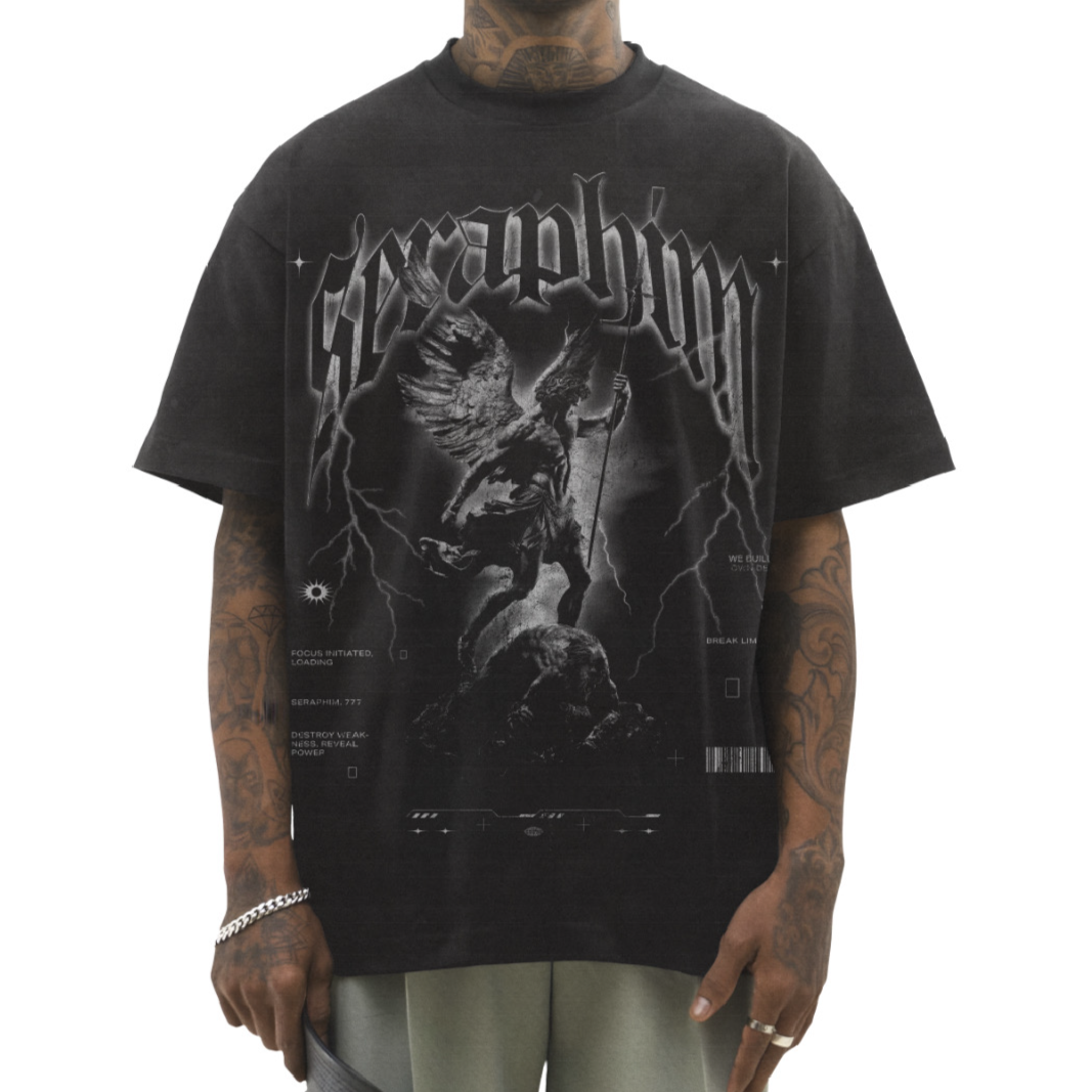 Seraphim gymwear black graphic tee bold faith inspired graphic design edgy t shirt in white or charcol grey